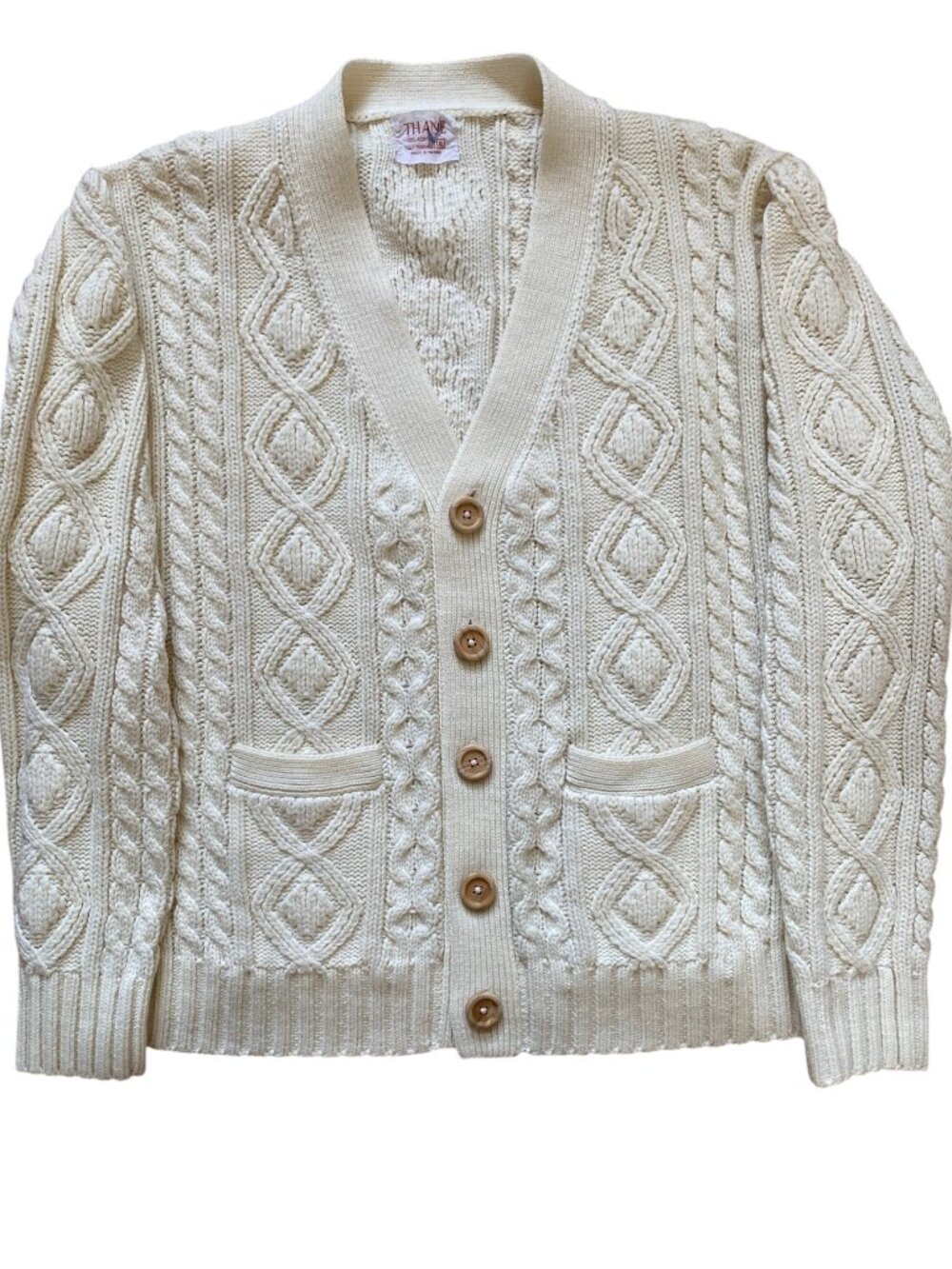 Vintage Thane Cream Cable Knit Fisherman Button Cardigan Kurt Cobain Grandpa-XL